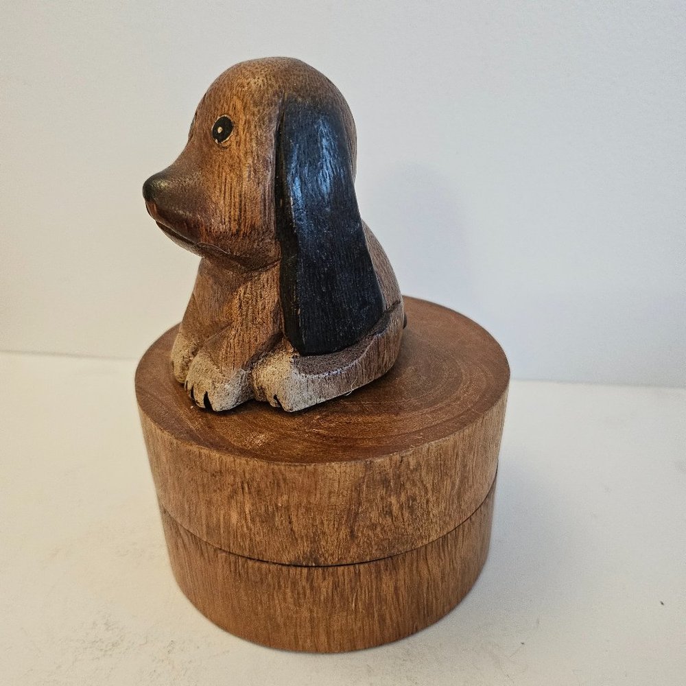 Carved Wood Puppy Dog Lidded Trinket Box Cute Dog Lover Gift
